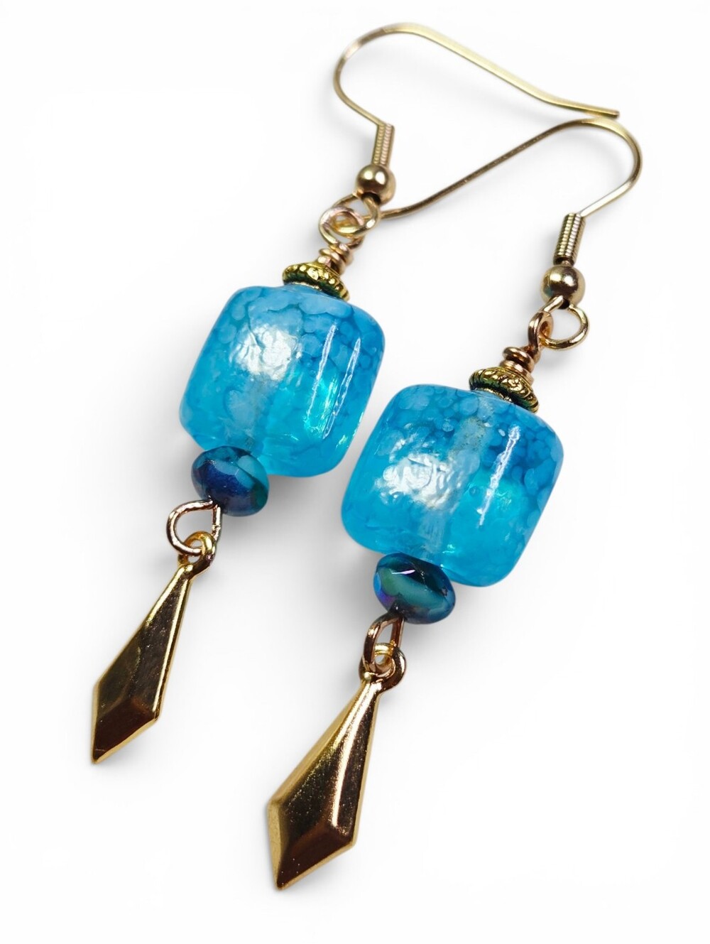 Turquoise Blue Glass Bead Drop Earrings - Gold Accent Venetian Lampwork Murano